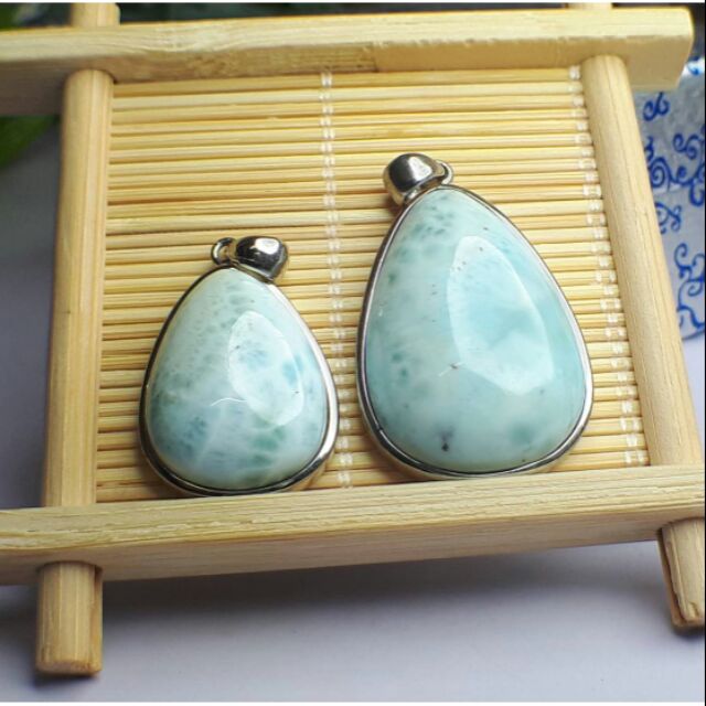 1101B02-13~14三大療癒石之拉利瑪♡甜蜜水晶二館♡海洋天然冰種拉琍瑪石水滴形吊墜+925銀框吊耳